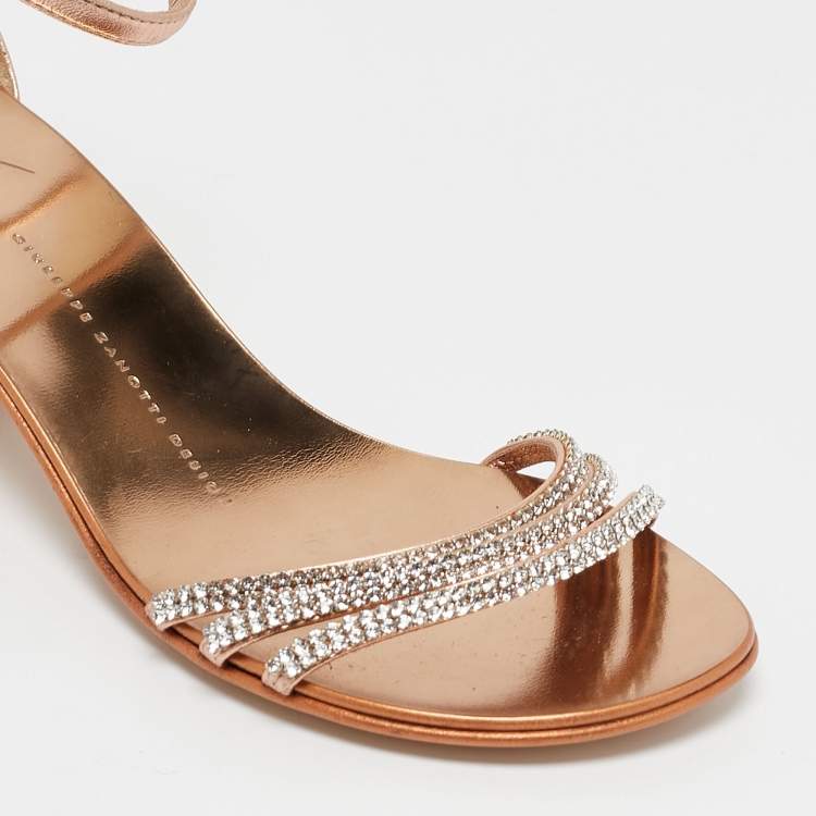 Pre Owned Giuseppe Zanotti Metallic Gold Leather Crystal Embellished Ankle Strap Flat Sandals Size 36