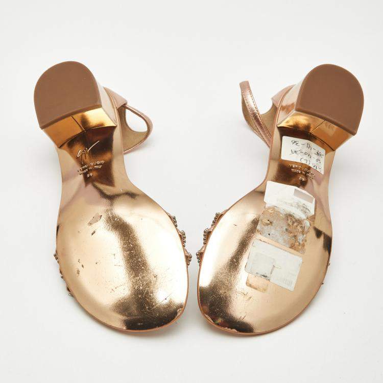 Pre Owned Giuseppe Zanotti Metallic Gold Leather Crystal Embellished Ankle Strap Flat Sandals Size 36