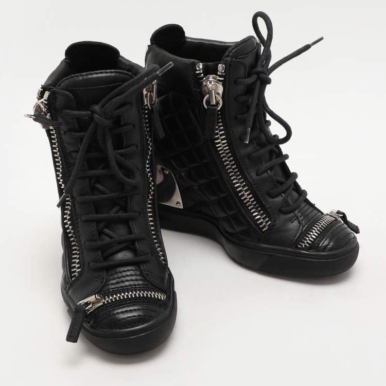 Pre Owned Giuseppe Zanotti Black Quilted Leather Lorenz Wedge Sneakers Size 37