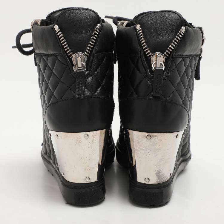 Pre Owned Giuseppe Zanotti Black Quilted Leather Lorenz Wedge Sneakers Size 37