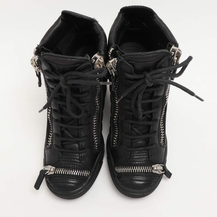 Pre Owned Giuseppe Zanotti Black Quilted Leather Lorenz Wedge Sneakers Size 37