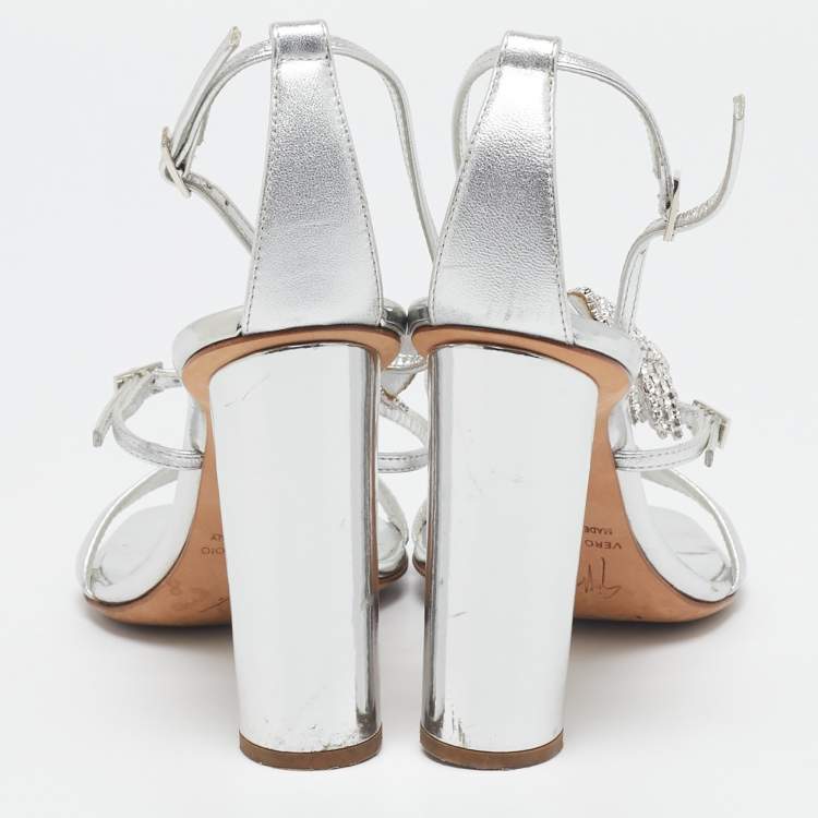 Pre Owned Giuseppe Zanotti Silver Leather Fishbone Embellished Ankle Strap Sandals Size 37
