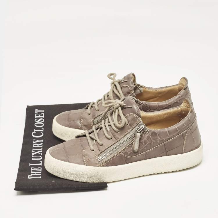Pre Owned Giuseppe Zanotti Taupe Grey Croc Embossed Leather Frankie Low Top Sneakers Size 39