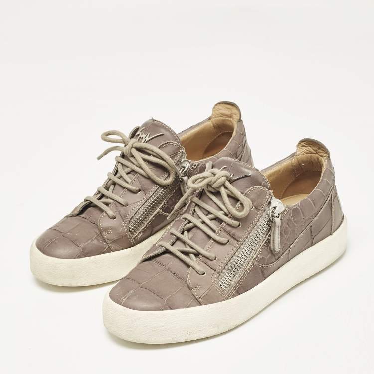 Pre Owned Giuseppe Zanotti Taupe Grey Croc Embossed Leather Frankie Low Top Sneakers Size 39