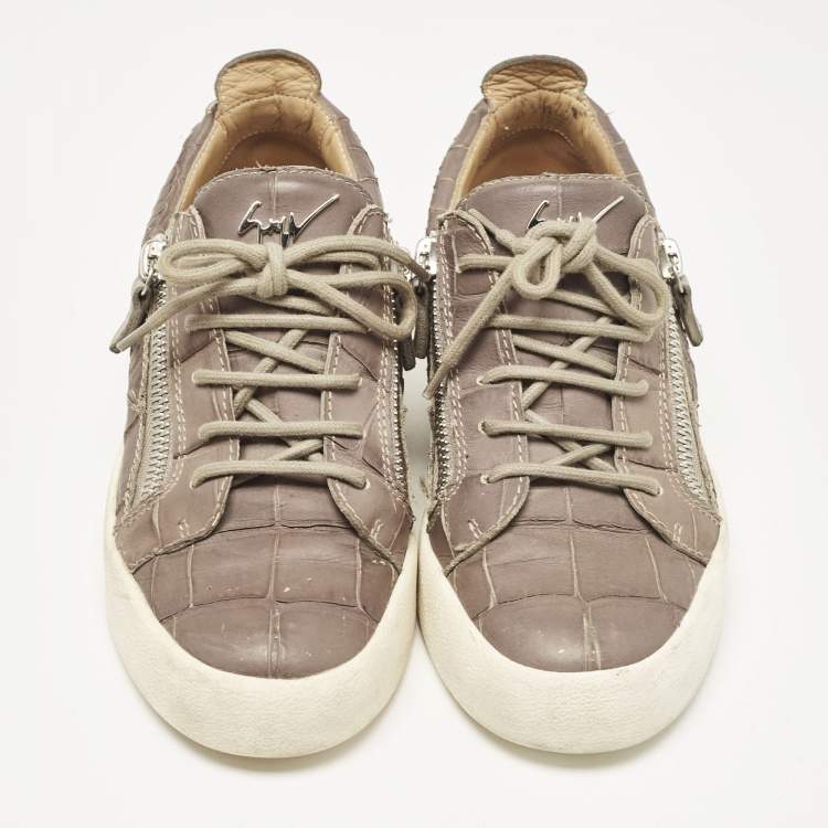 Pre Owned Giuseppe Zanotti Taupe Grey Croc Embossed Leather Frankie Low Top Sneakers Size 39