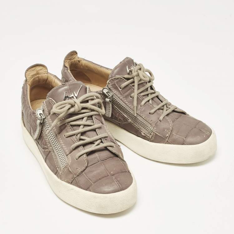 Pre Owned Giuseppe Zanotti Taupe Grey Croc Embossed Leather Frankie Low Top Sneakers Size 39