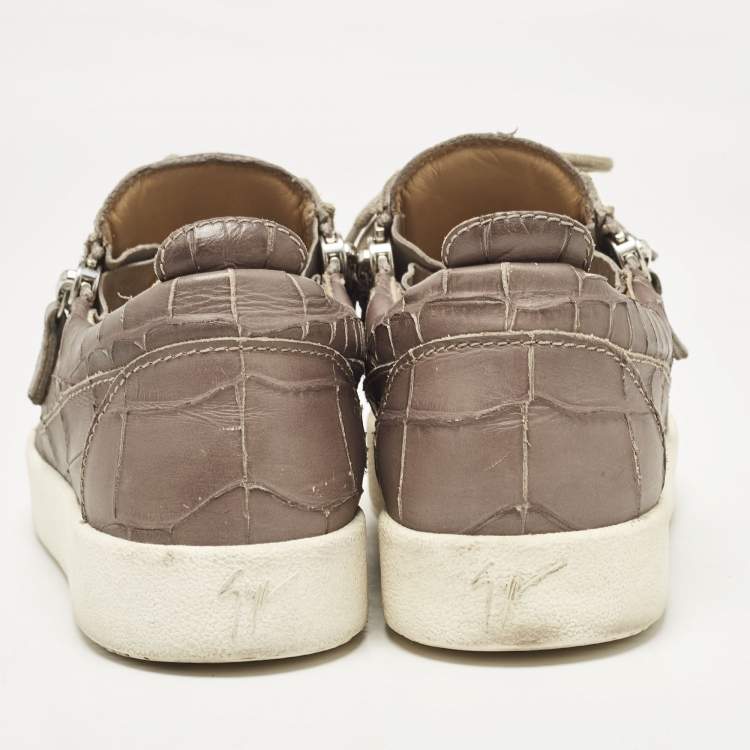 Pre Owned Giuseppe Zanotti Taupe Grey Croc Embossed Leather Frankie Low Top Sneakers Size 39