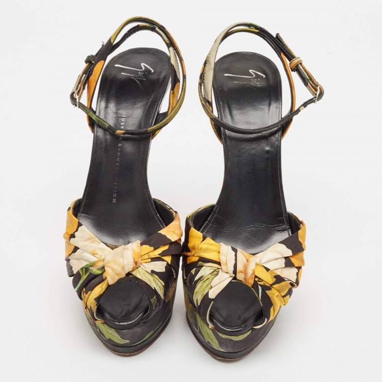 Pre Owned Giuseppe Zanotti Multicolor Satin Flower Print Ankle Strap Sandals Size 39