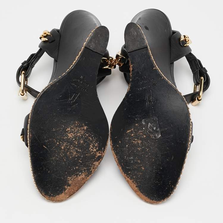Pre Owned Giuseppe Zanotti Black Leather Chain Link Detail Wedge Ankle Strap Sandals Size 38