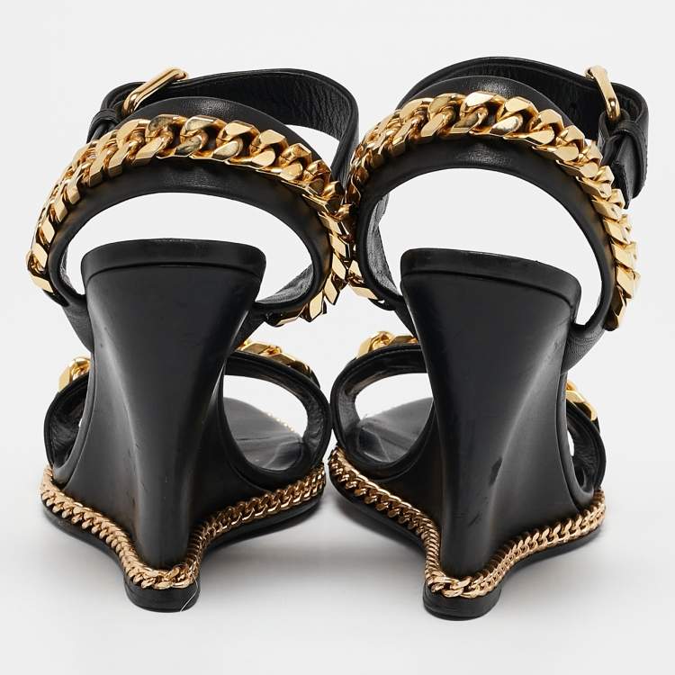 Pre Owned Giuseppe Zanotti Black Leather Chain Link Detail Wedge Ankle Strap Sandals Size 38