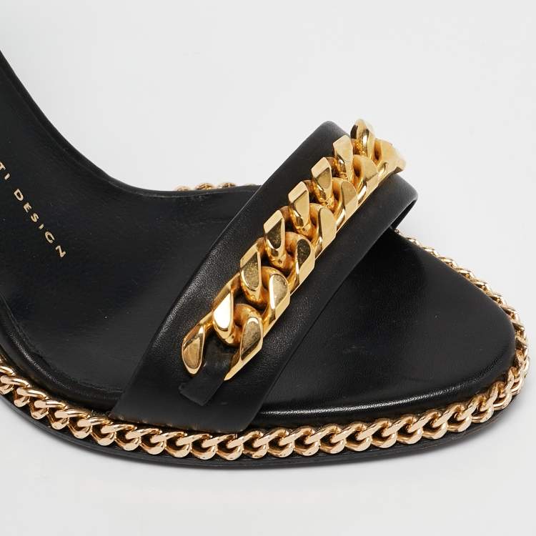 Pre Owned Giuseppe Zanotti Black Leather Chain Link Detail Wedge Ankle Strap Sandals Size 38