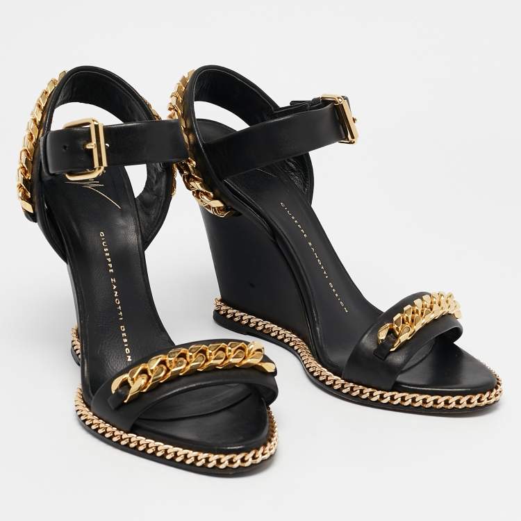 Pre Owned Giuseppe Zanotti Black Leather Chain Link Detail Wedge Ankle Strap Sandals Size 38