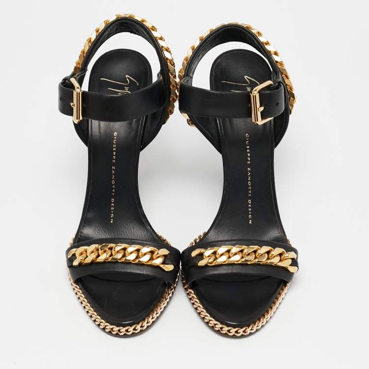 Pre Owned Giuseppe Zanotti Black Leather Chain Link Detail Wedge Ankle Strap Sandals Size 38