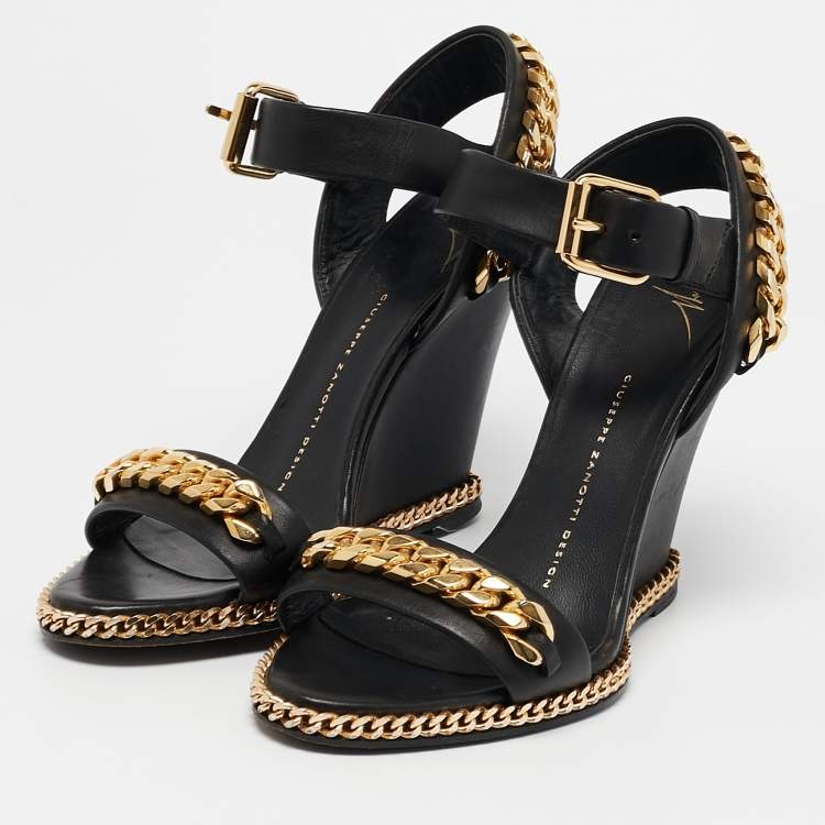 Pre Owned Giuseppe Zanotti Black Leather Chain Link Detail Wedge Ankle Strap Sandals Size 38