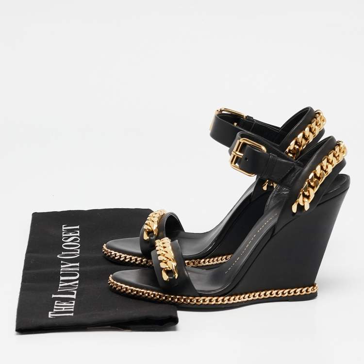 Pre Owned Giuseppe Zanotti Black Leather Chain Link Detail Wedge Ankle Strap Sandals Size 38