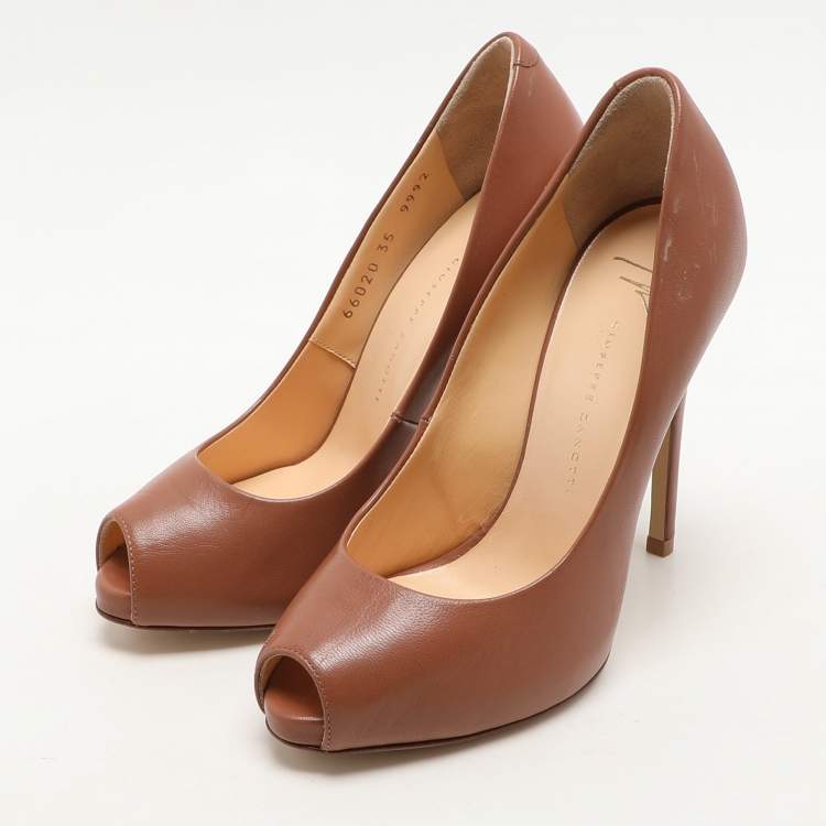 Pre Owned Giuseppe Zanotti Brown Leather Peep Toe Pumps Size 35