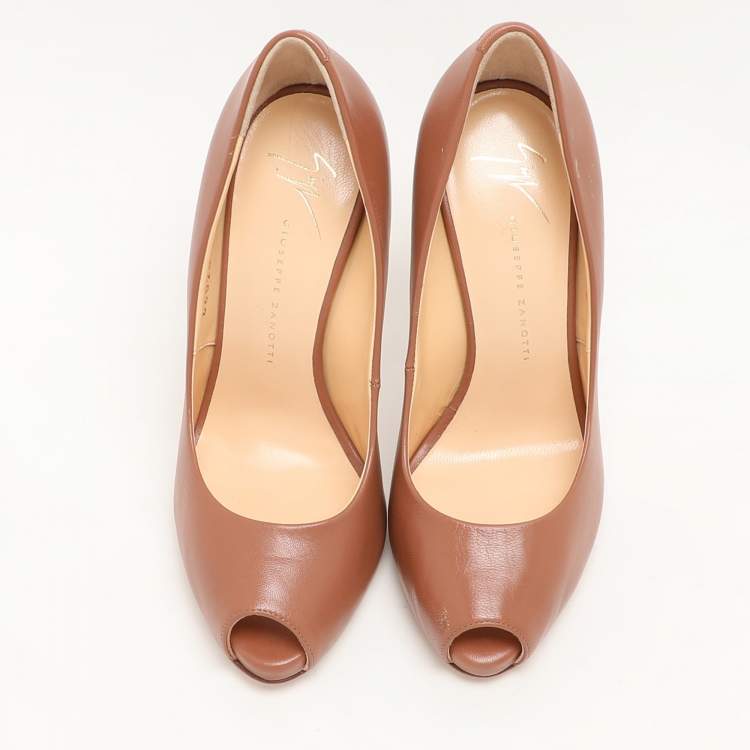 Pre Owned Giuseppe Zanotti Brown Leather Peep Toe Pumps Size 35