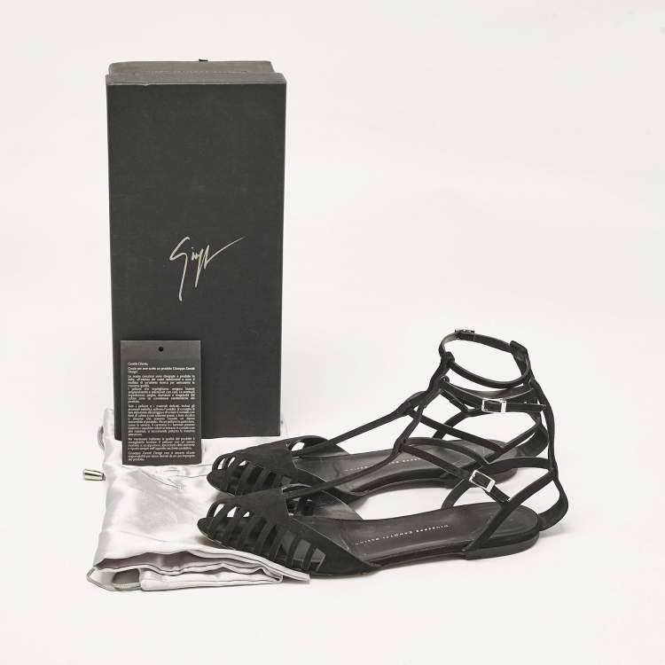 Pre Owned Giuseppe Zanotti Black Suede Ankle Strap Flats Size 38.5