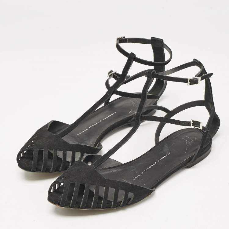 Pre Owned Giuseppe Zanotti Black Suede Ankle Strap Flats Size 38.5