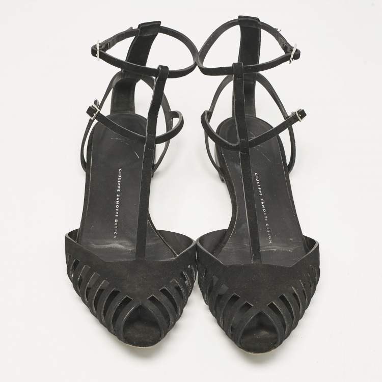 Pre Owned Giuseppe Zanotti Black Suede Ankle Strap Flats Size 38.5