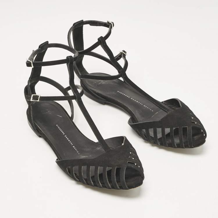 Pre Owned Giuseppe Zanotti Black Suede Ankle Strap Flats Size 38.5