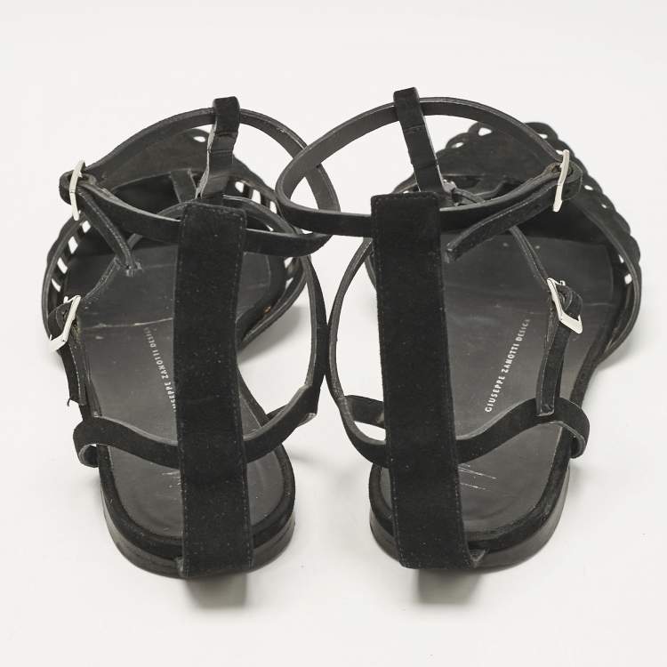 Pre Owned Giuseppe Zanotti Black Suede Ankle Strap Flats Size 38.5