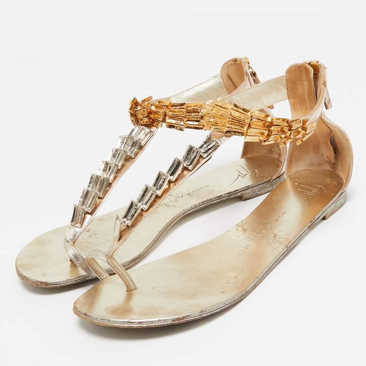 Pre Owned Giuseppe Zanotti Gold Leather Embellished Ankle Strap Flat Sandals Size 41