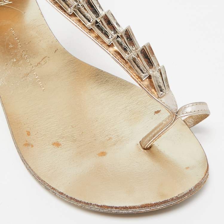 Pre Owned Giuseppe Zanotti Gold Leather Embellished Ankle Strap Flat Sandals Size 41