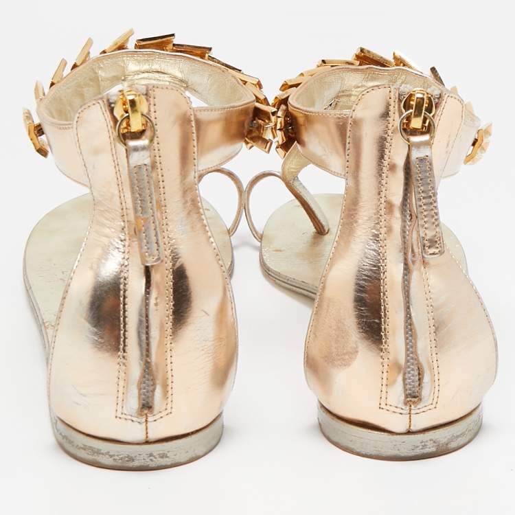 Pre Owned Giuseppe Zanotti Gold Leather Embellished Ankle Strap Flat Sandals Size 41