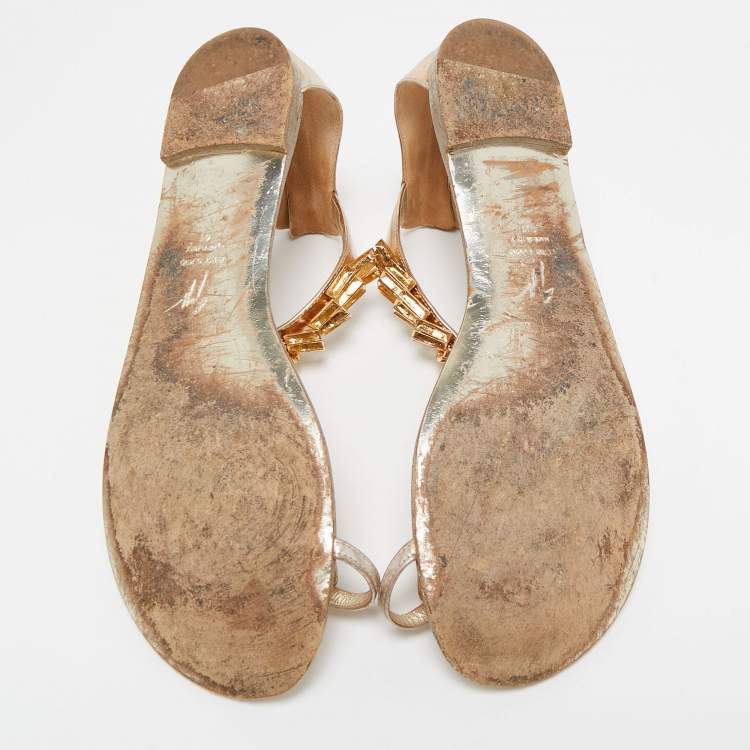 Pre Owned Giuseppe Zanotti Gold Leather Embellished Ankle Strap Flat Sandals Size 41