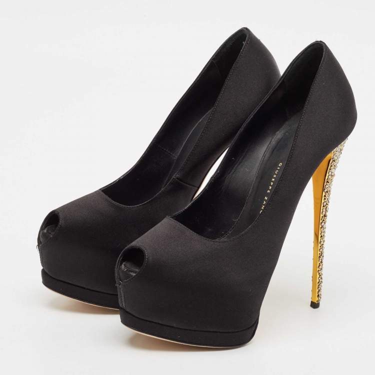 Pre Owned Giuseppe Zanotti Black Satin Platform Peep Toe Pumps Size 38.5