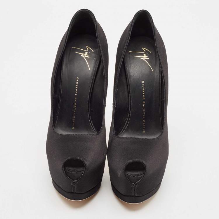 Pre Owned Giuseppe Zanotti Black Satin Platform Peep Toe Pumps Size 38.5