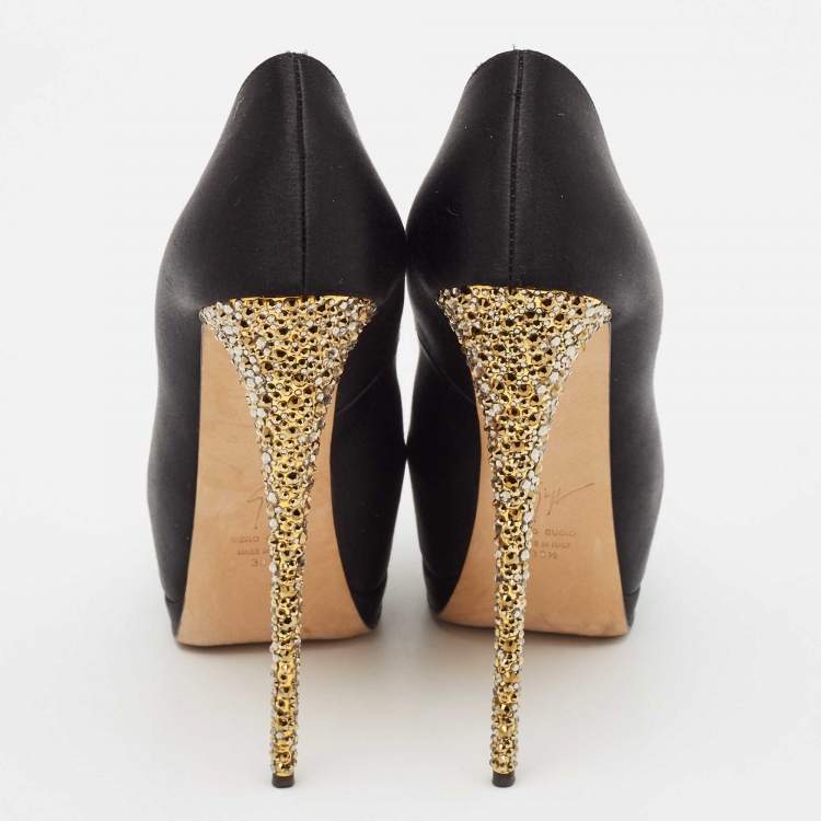 Pre Owned Giuseppe Zanotti Black Satin Platform Peep Toe Pumps Size 38.5