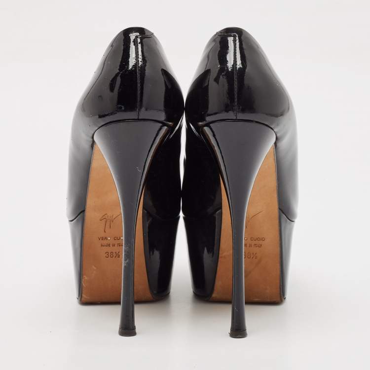 Pre Owned Giuseppe Zanotti Black Patent Leather Liza Peep-Toe Platform Pumps Size 38.5