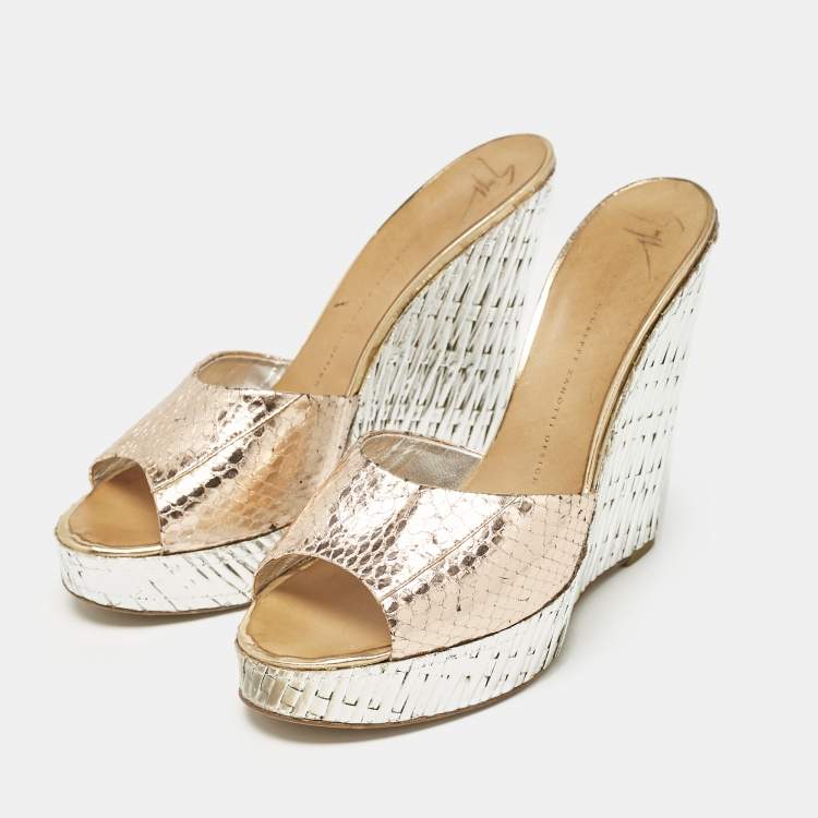 Pre Owned Giuseppe Zanotti Metallic Snakeskin Embossed Leather Platform Wedge Sandals Size 40