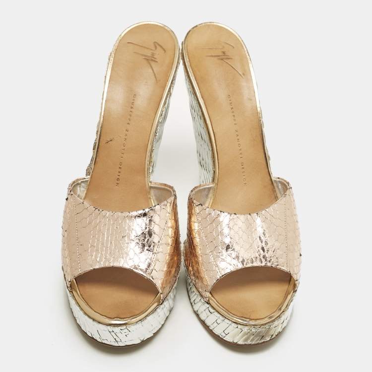 Pre Owned Giuseppe Zanotti Metallic Snakeskin Embossed Leather Platform Wedge Sandals Size 40