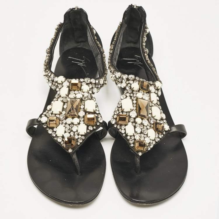 Pre Owned Giuseppe Zanotti Black Leather Crystal Embellished Flat Sandals Size 40
