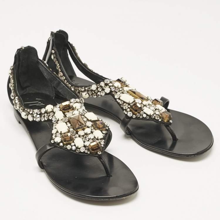 Pre Owned Giuseppe Zanotti Black Leather Crystal Embellished Flat Sandals Size 40