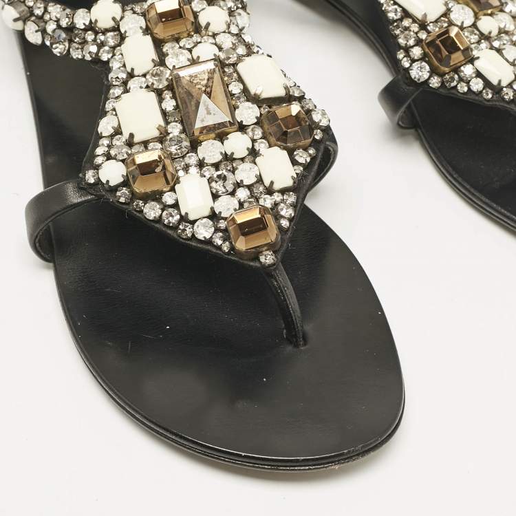 Pre Owned Giuseppe Zanotti Black Leather Crystal Embellished Flat Sandals Size 40