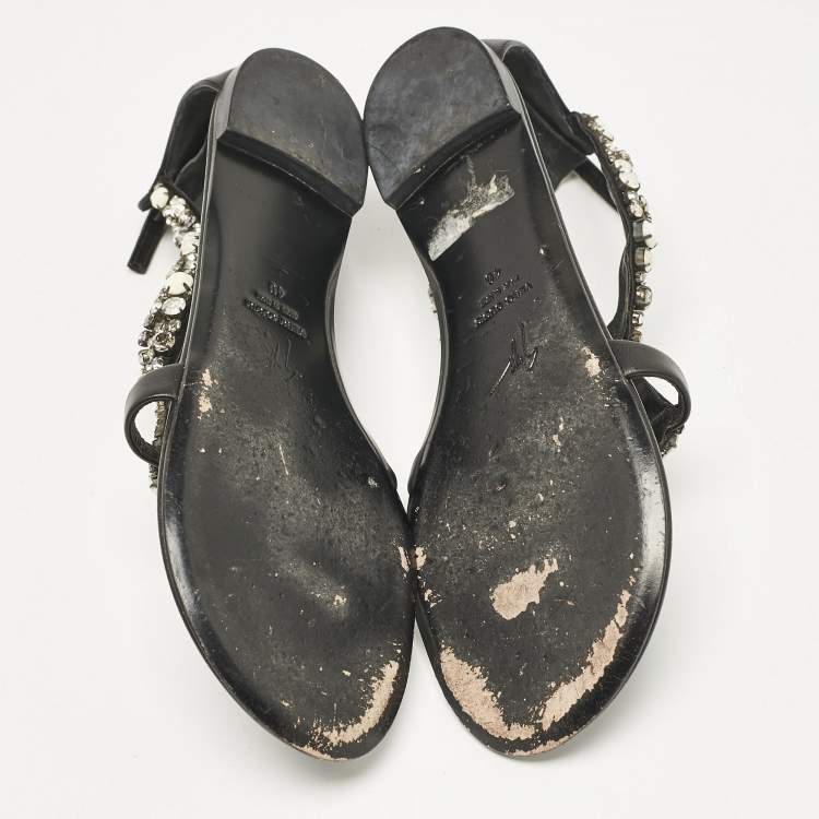 Pre Owned Giuseppe Zanotti Black Leather Crystal Embellished Flat Sandals Size 40