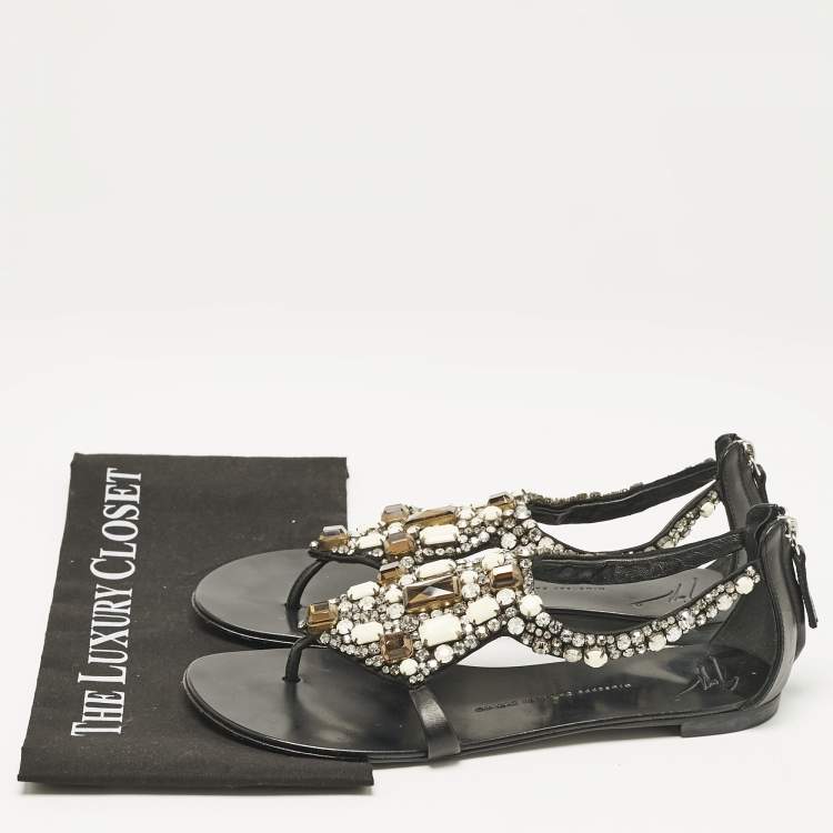 Pre Owned Giuseppe Zanotti Black Leather Crystal Embellished Flat Sandals Size 40