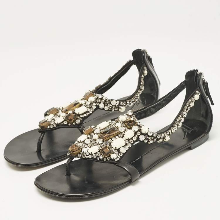 Pre Owned Giuseppe Zanotti Black Leather Crystal Embellished Flat Sandals Size 40