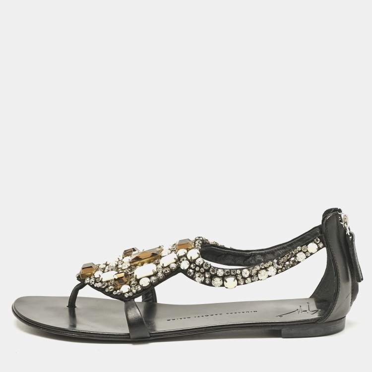 Pre Owned Giuseppe Zanotti Black Leather Crystal Embellished Flat Sandals Size 40