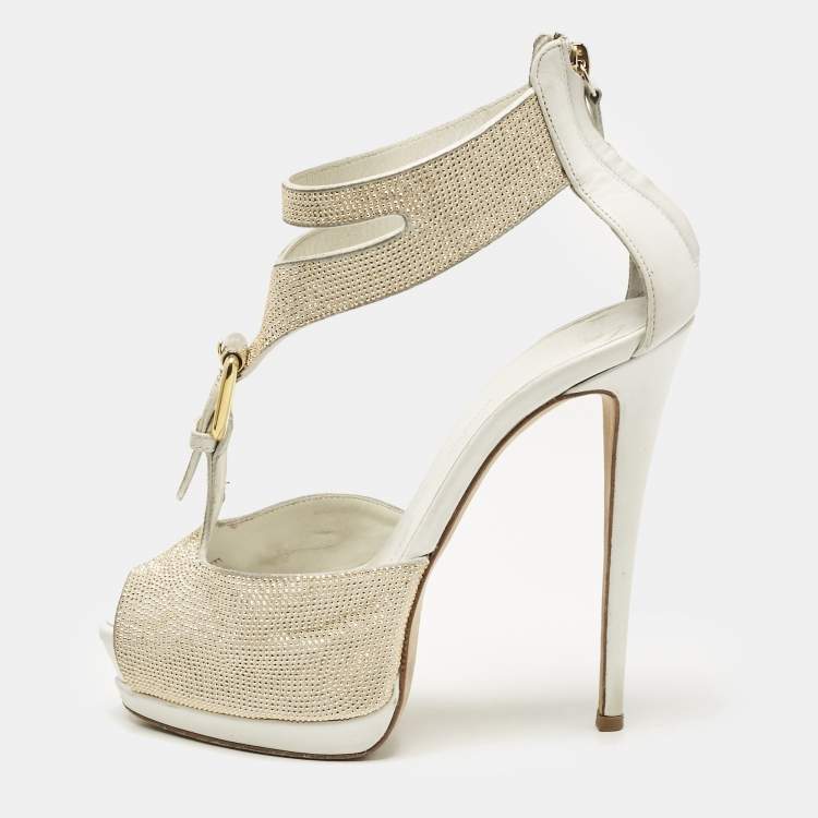 Pre Owned Giuseppe Zanotti White Leather Gold Strass Buckle Sandals Size 37