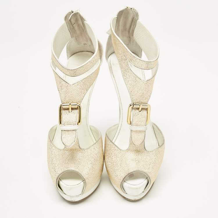 Pre Owned Giuseppe Zanotti White Leather Gold Strass Buckle Sandals Size 37