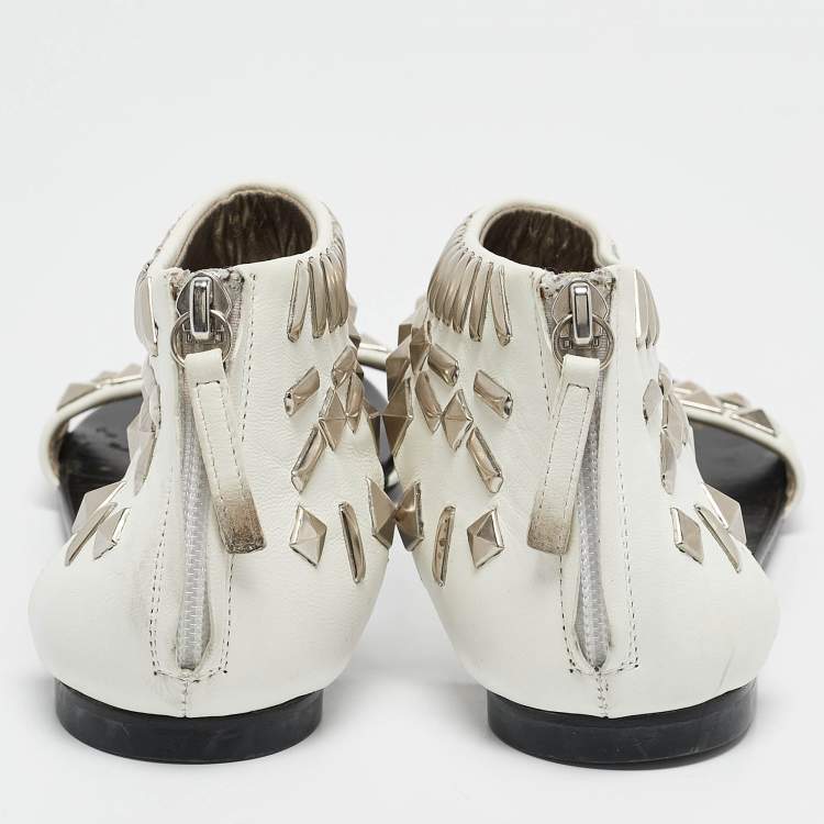 Pre Owned Giuseppe Zanotti White Leather Studded Ankle Cuff Zipper Flats Size 37.5