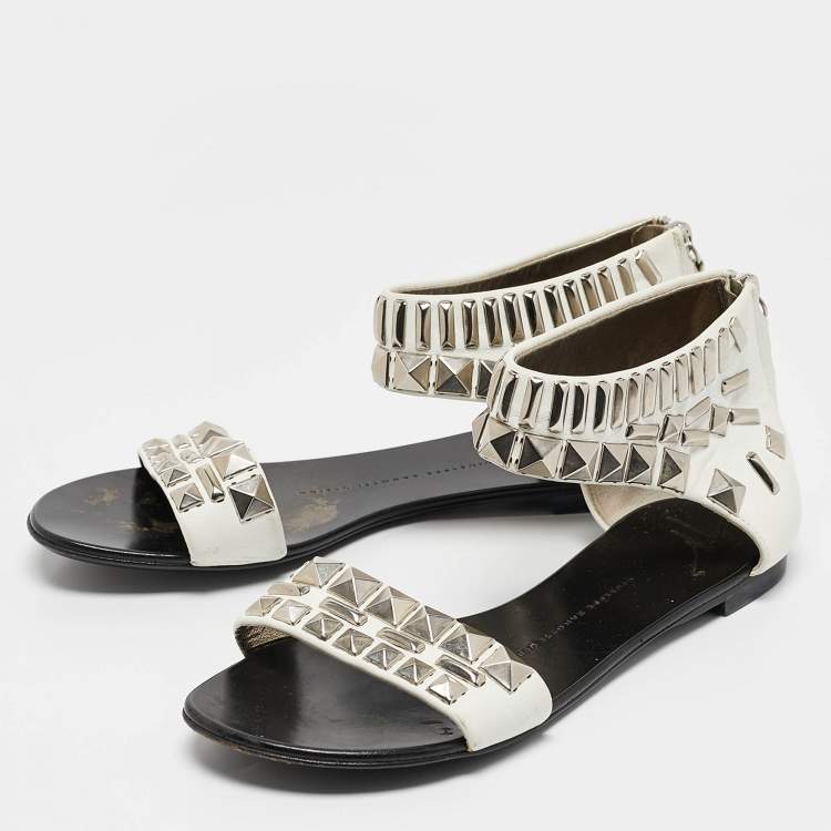 Pre Owned Giuseppe Zanotti White Leather Studded Ankle Cuff Zipper Flats Size 37.5