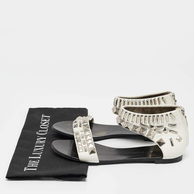 Pre Owned Giuseppe Zanotti White Leather Studded Ankle Cuff Zipper Flats Size 37.5