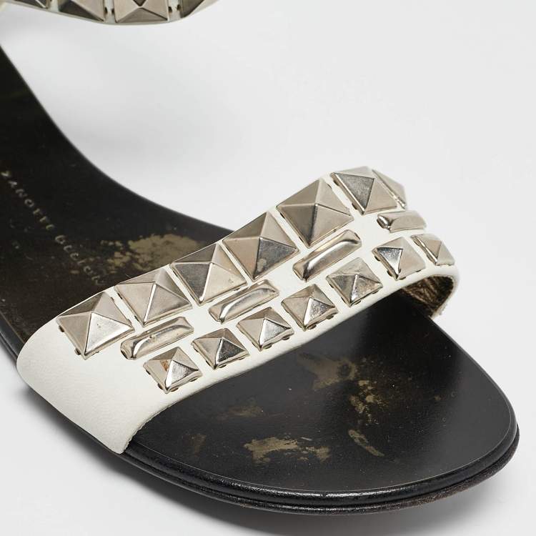 Pre Owned Giuseppe Zanotti White Leather Studded Ankle Cuff Zipper Flats Size 37.5