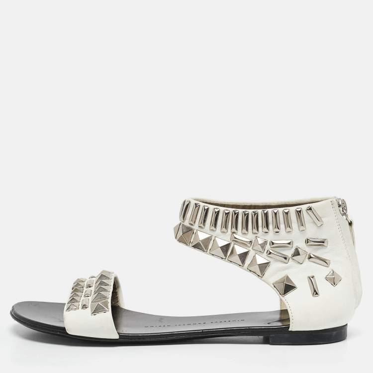 Pre Owned Giuseppe Zanotti White Leather Studded Ankle Cuff Zipper Flats Size 37.5